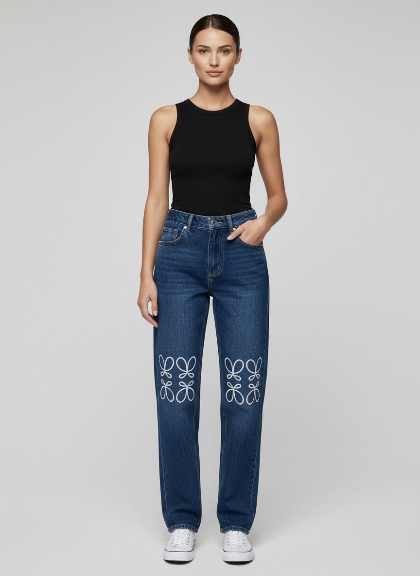 Wide Leg Embroidered Denim Trousers