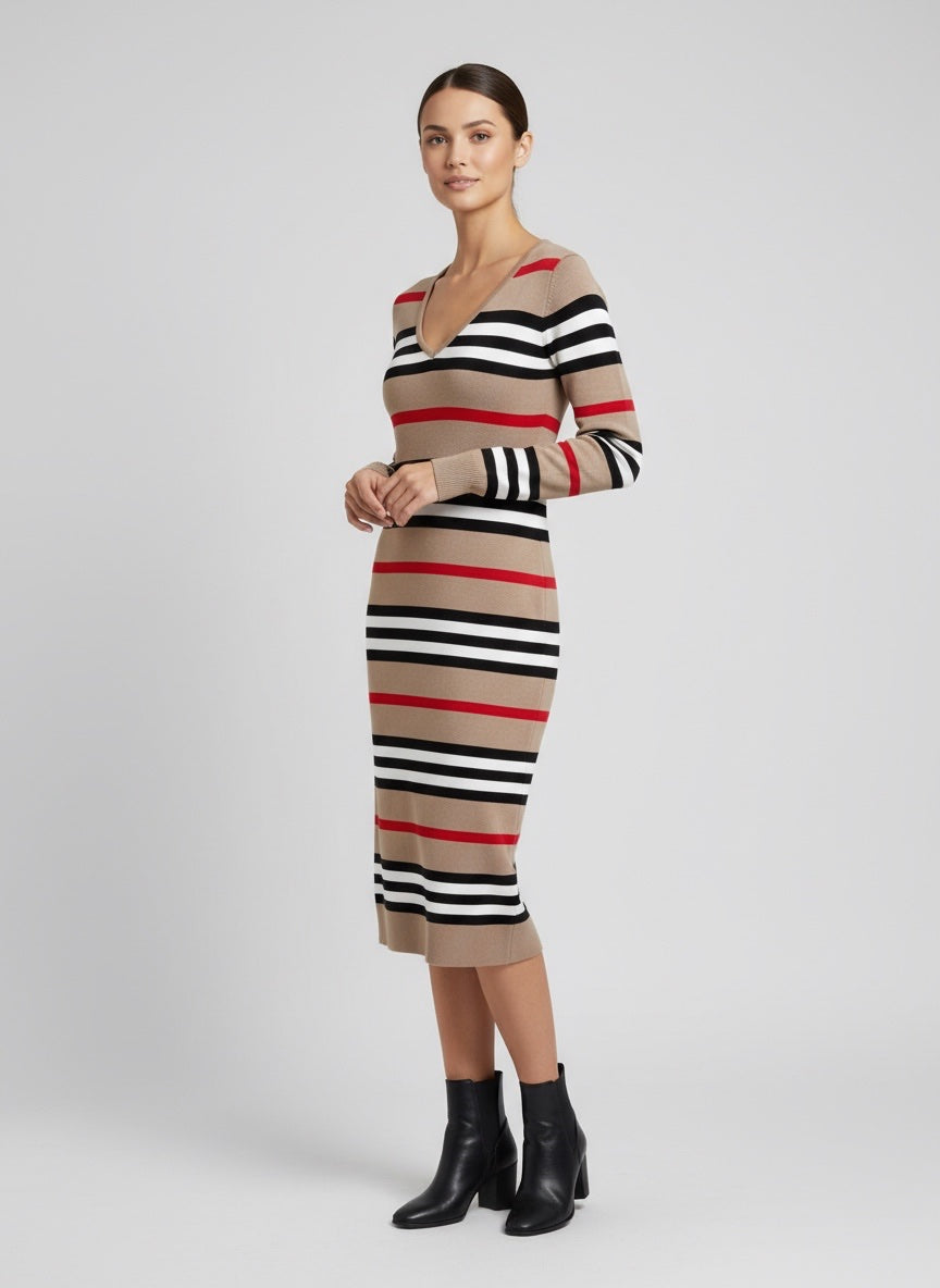 Striped V-Neck Knit Bodycon Midi Dress