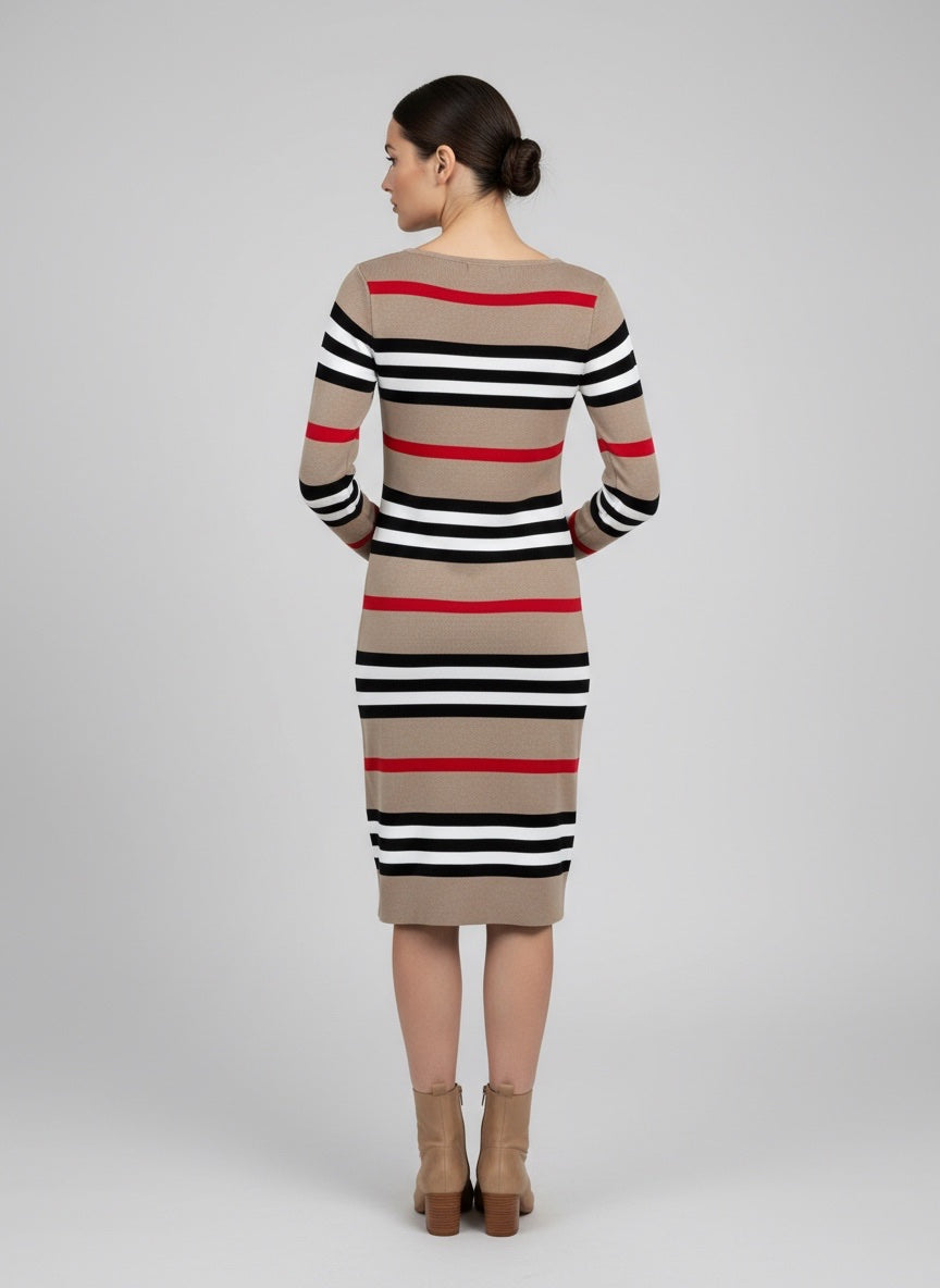Striped V-Neck Knit Bodycon Midi Dress