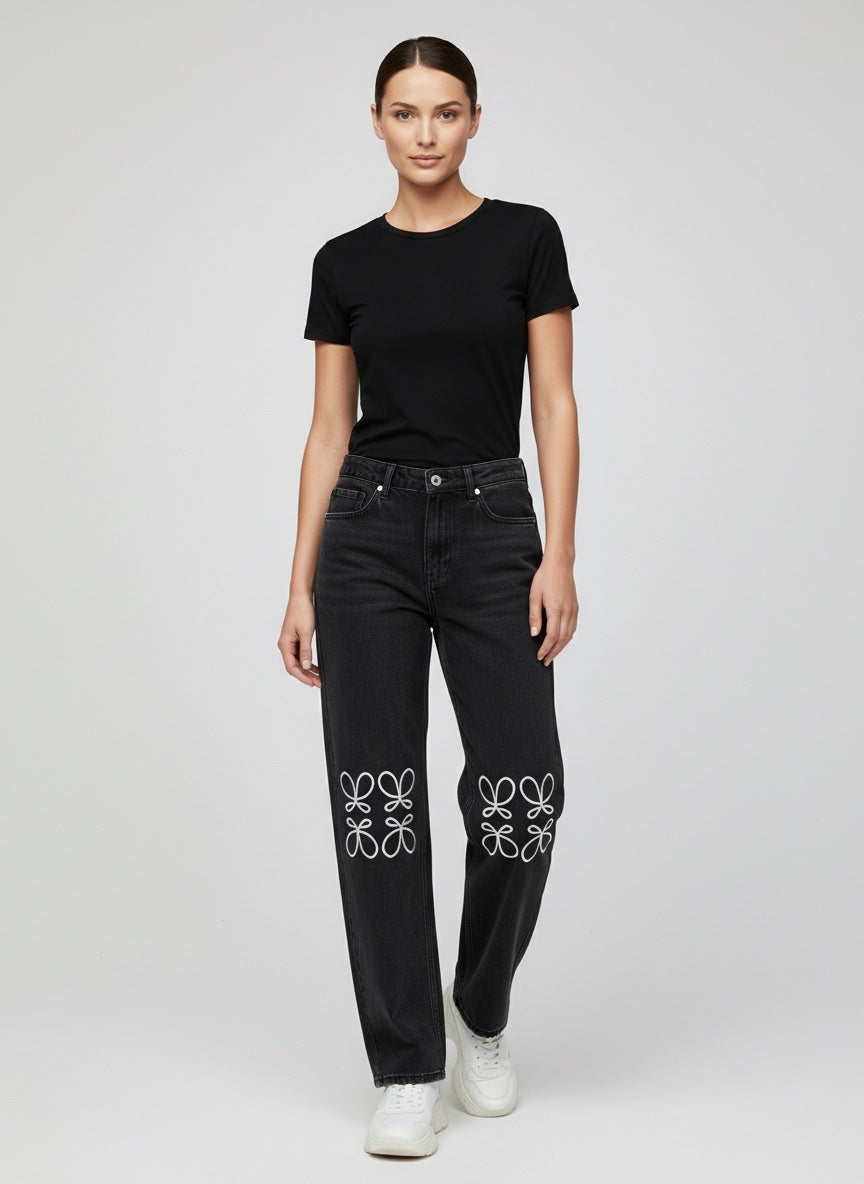 Wide Leg Embroidered Denim Trousers