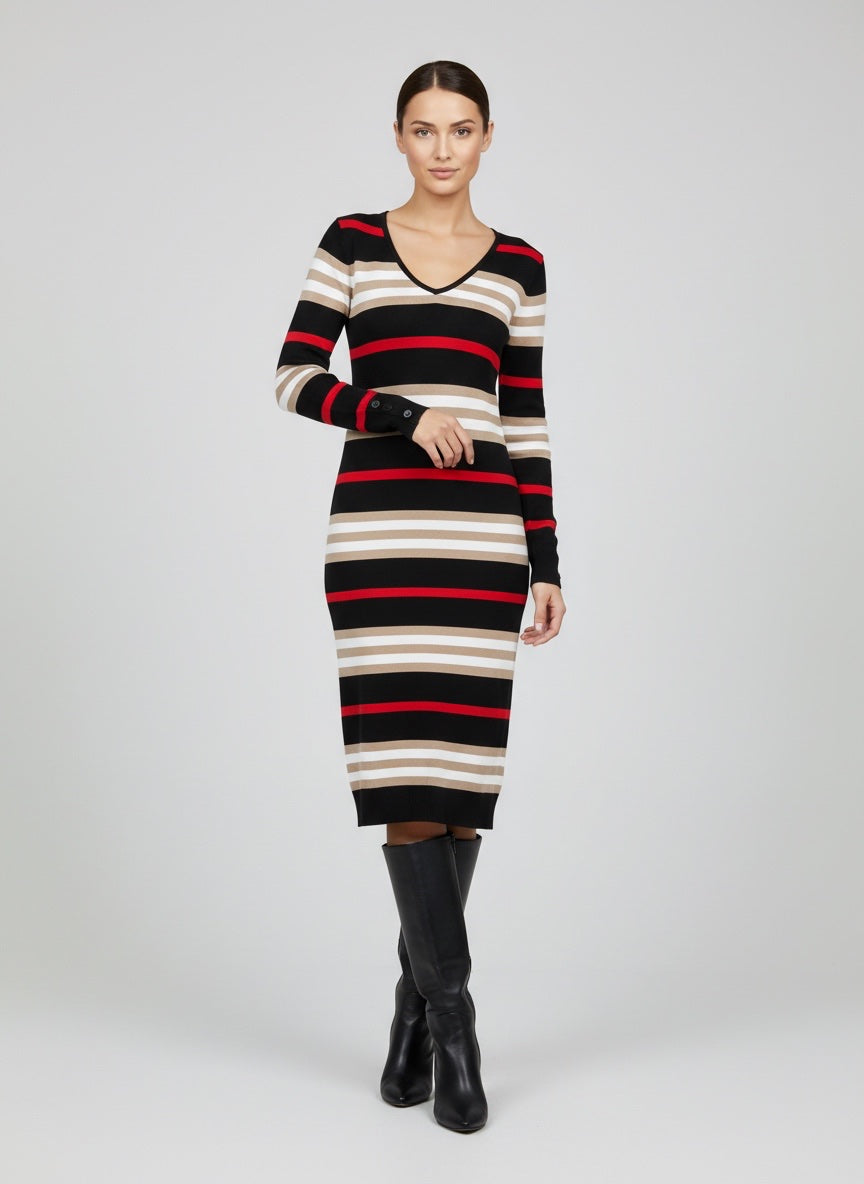 Striped V-Neck Knit Bodycon Midi Dress