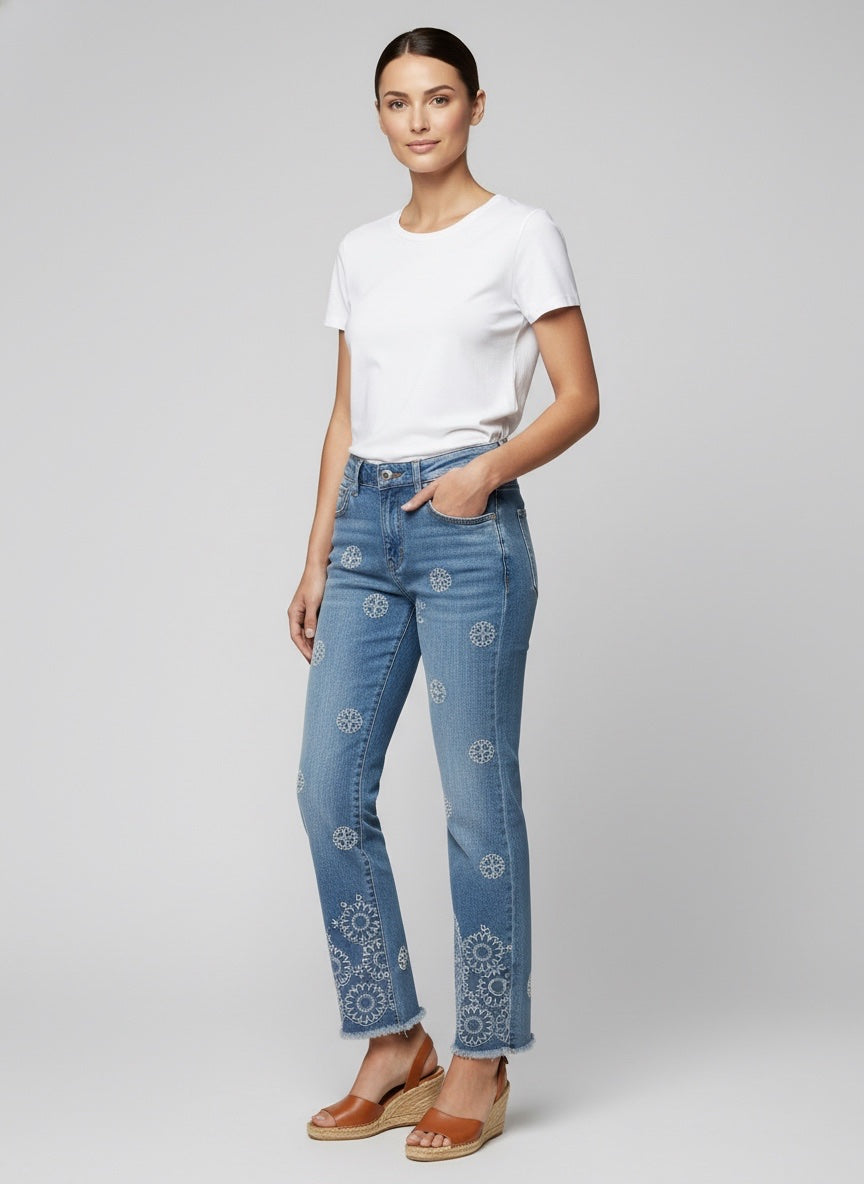 Embroidered Straight Leg Denim Trousers