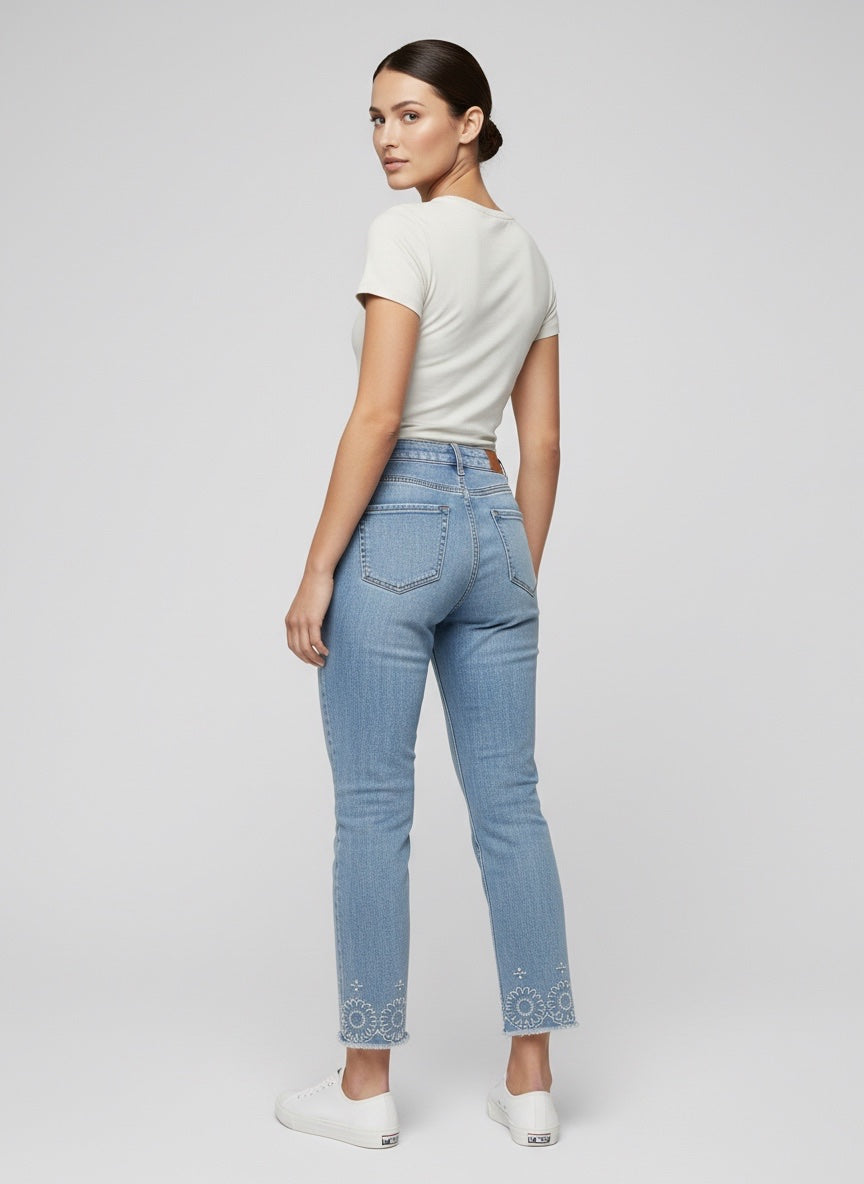 Embroidered Straight Leg Denim Trousers