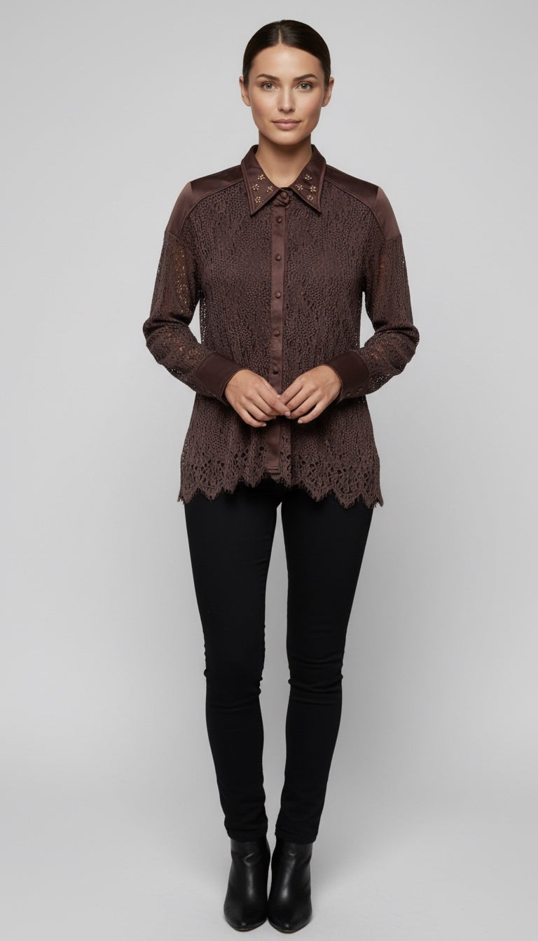 Lace Panel Button-Down Shirt