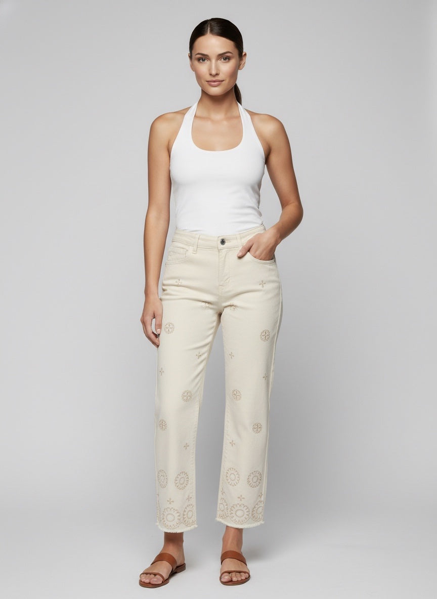 Embroidered Straight Leg Denim Trousers