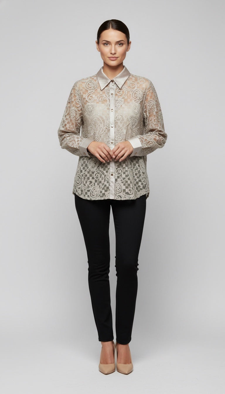 Sheer Lace Button-Down Shirt
