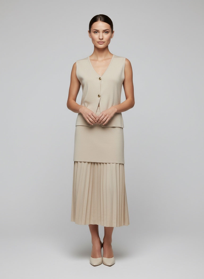 Sleeveless Knit & Pleated Skirt Co-Ord Set