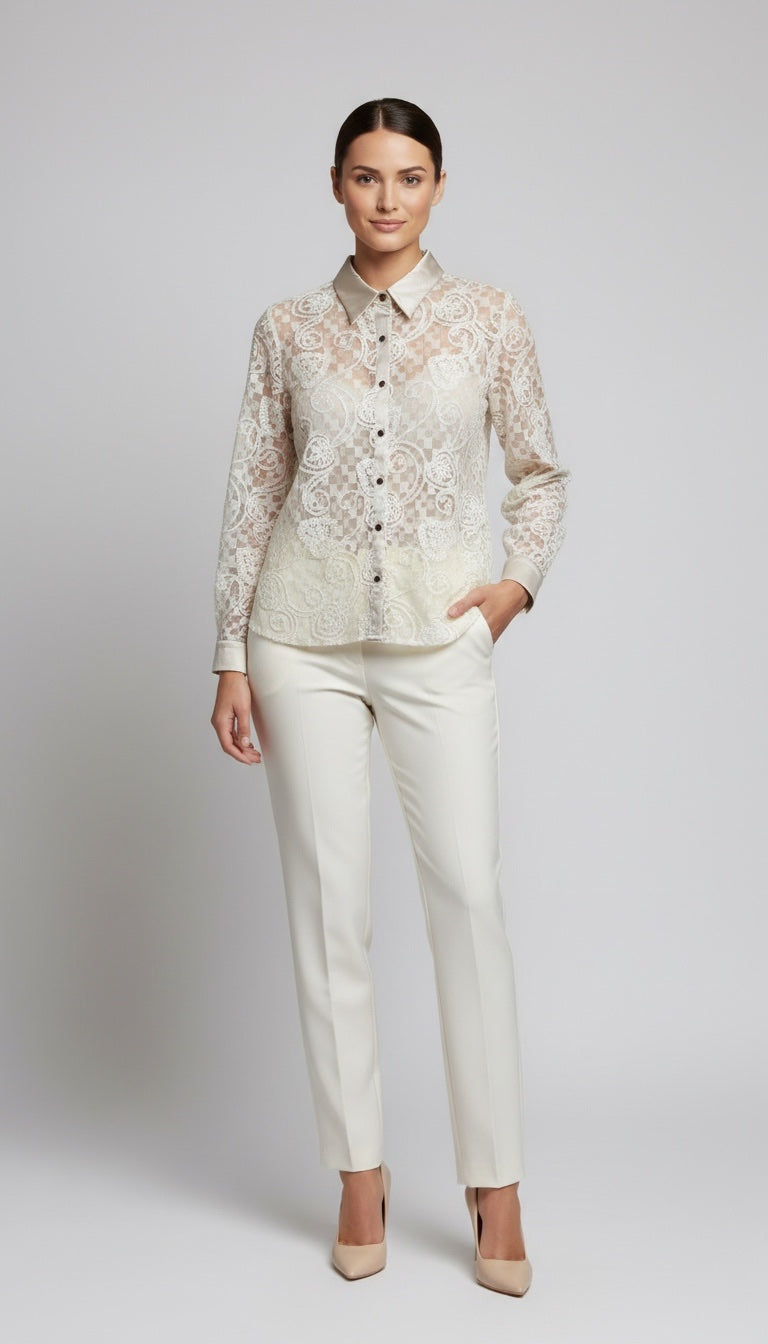 Sheer Lace Button-Down Shirt