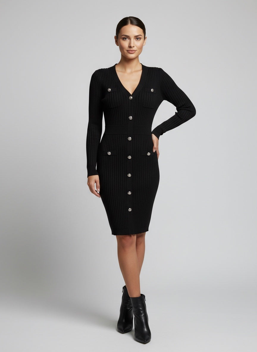 Chic Ribbed Knit Button-Front Midi Dress