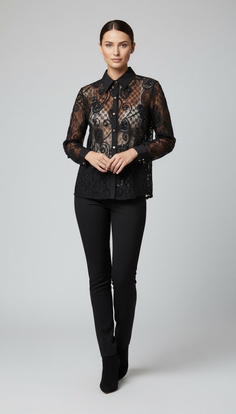 Sheer Lace Button-Down Shirt