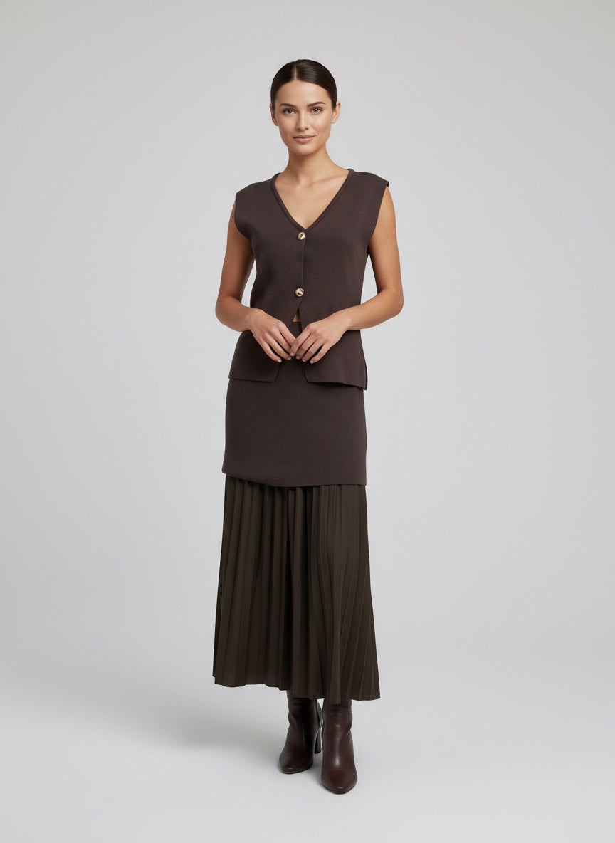 Sleeveless Knit & Pleated Skirt Co-Ord Set