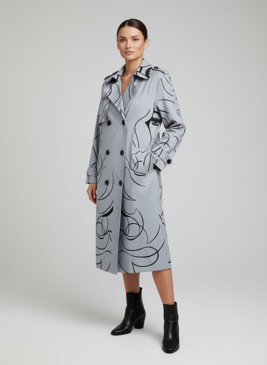 Printed Double-Breasted Trench Coat