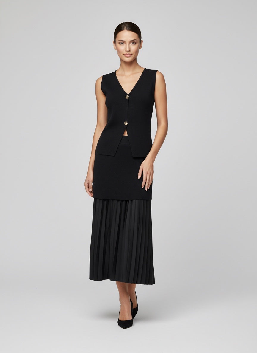 Sleeveless Knit & Pleated Skirt Co-Ord Set