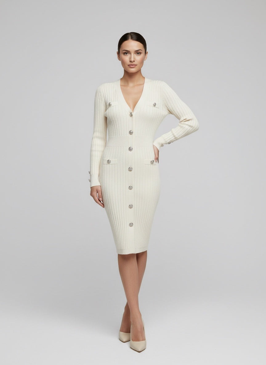 Chic Ribbed Knit Button-Front Midi Dress