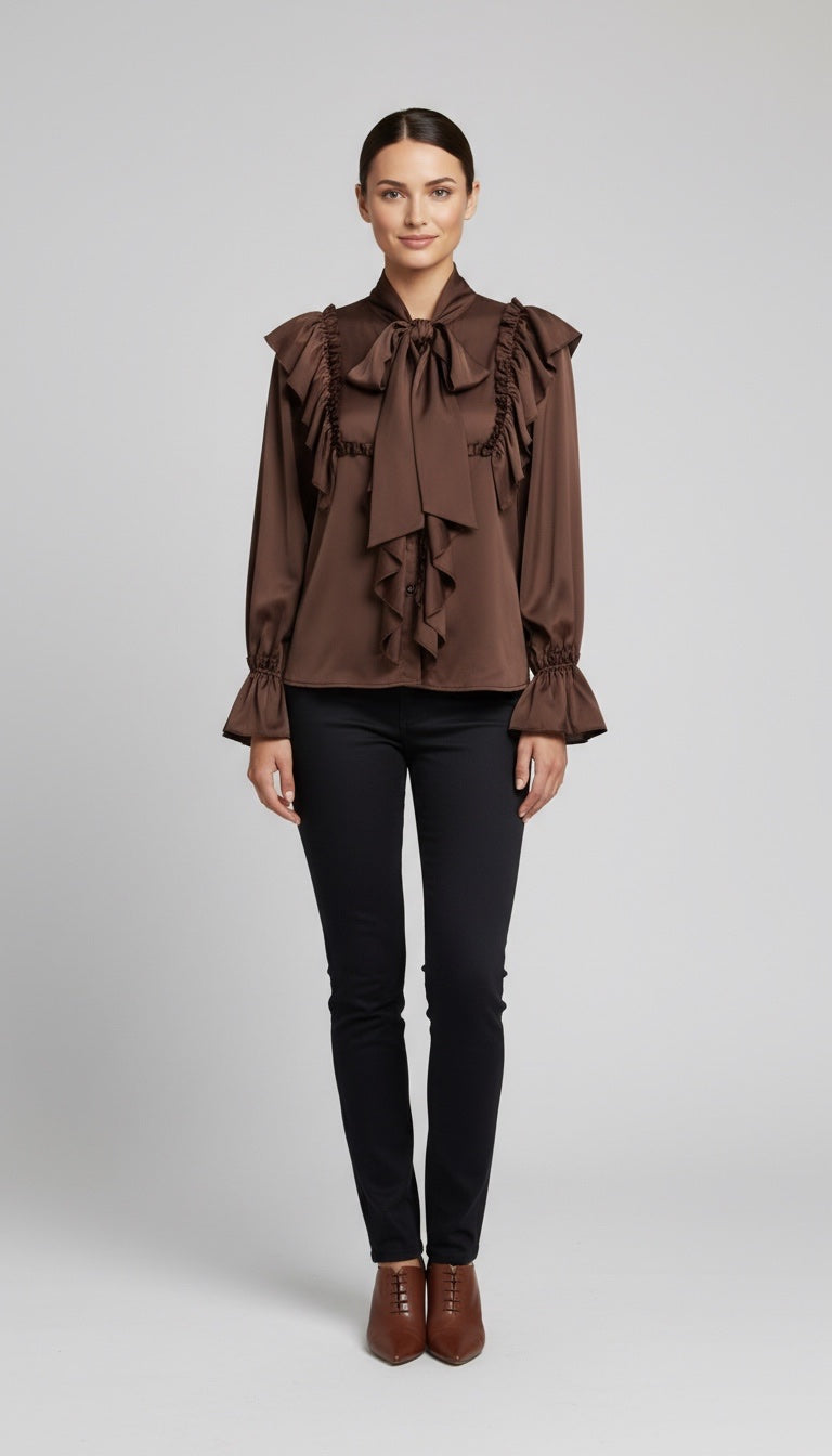 Ruffle Tie-Neck Satin Blouse