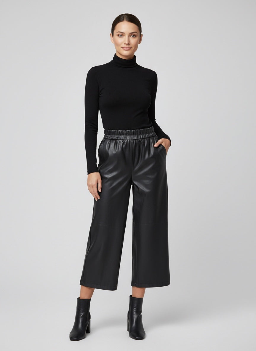 Faux Leather Wide Leg Cropped Trousers