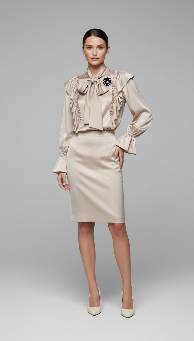 Ruffle Tie-Neck Satin Blouse