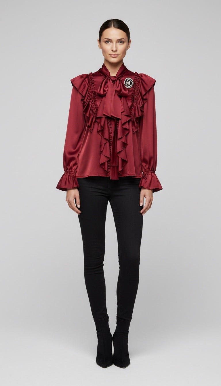 Ruffle Tie-Neck Satin Blouse