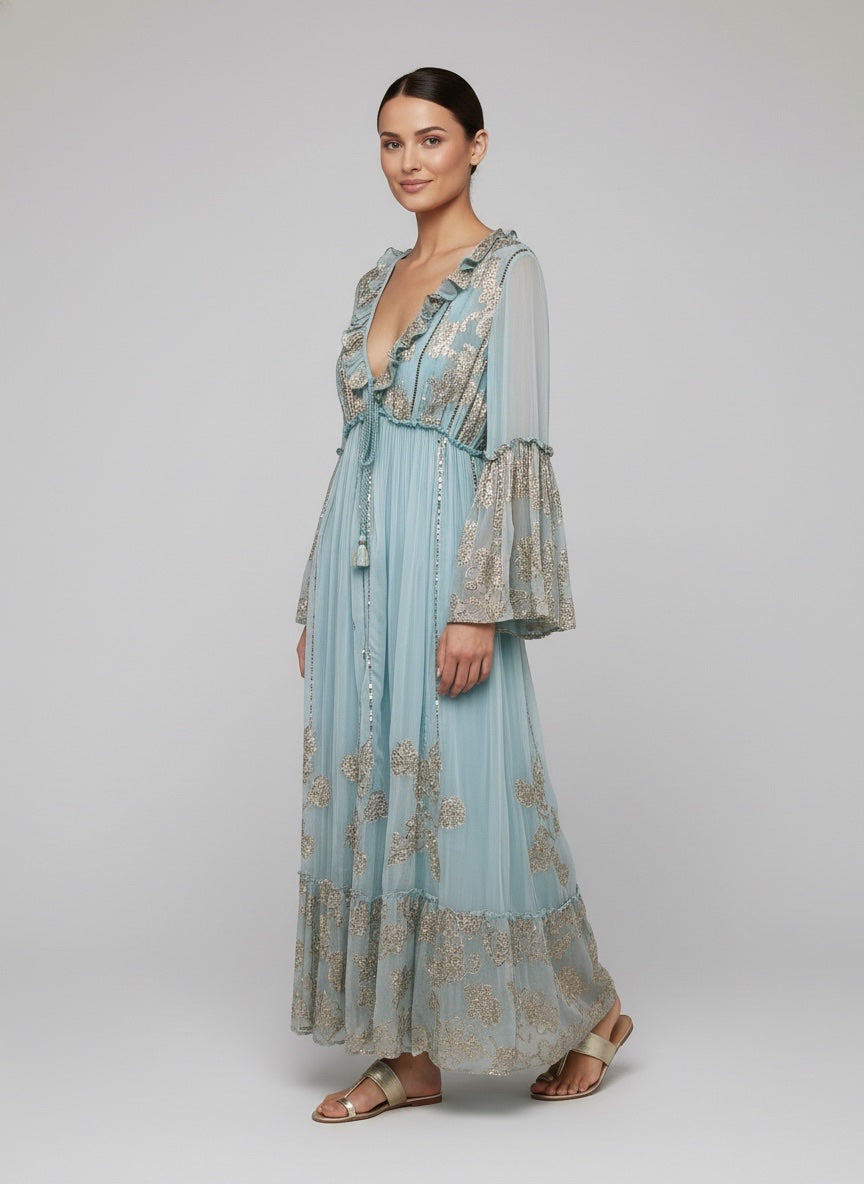 Embroidered Ruffle Maxi Dress