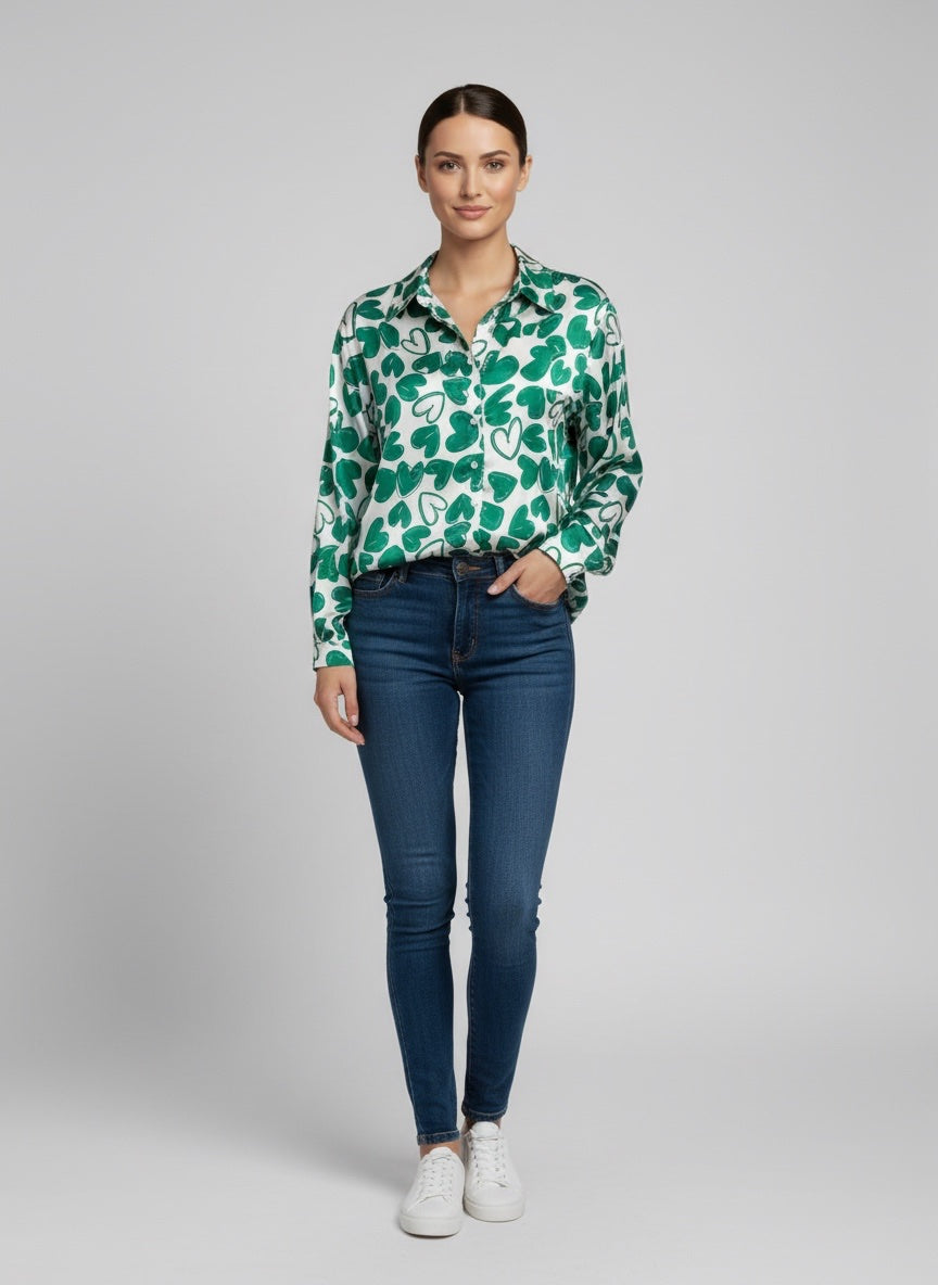 Heart Print Button Shirt