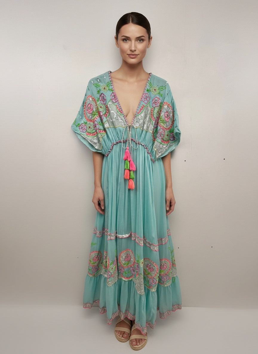 Serene Embroidered Tassel Maxi Dress