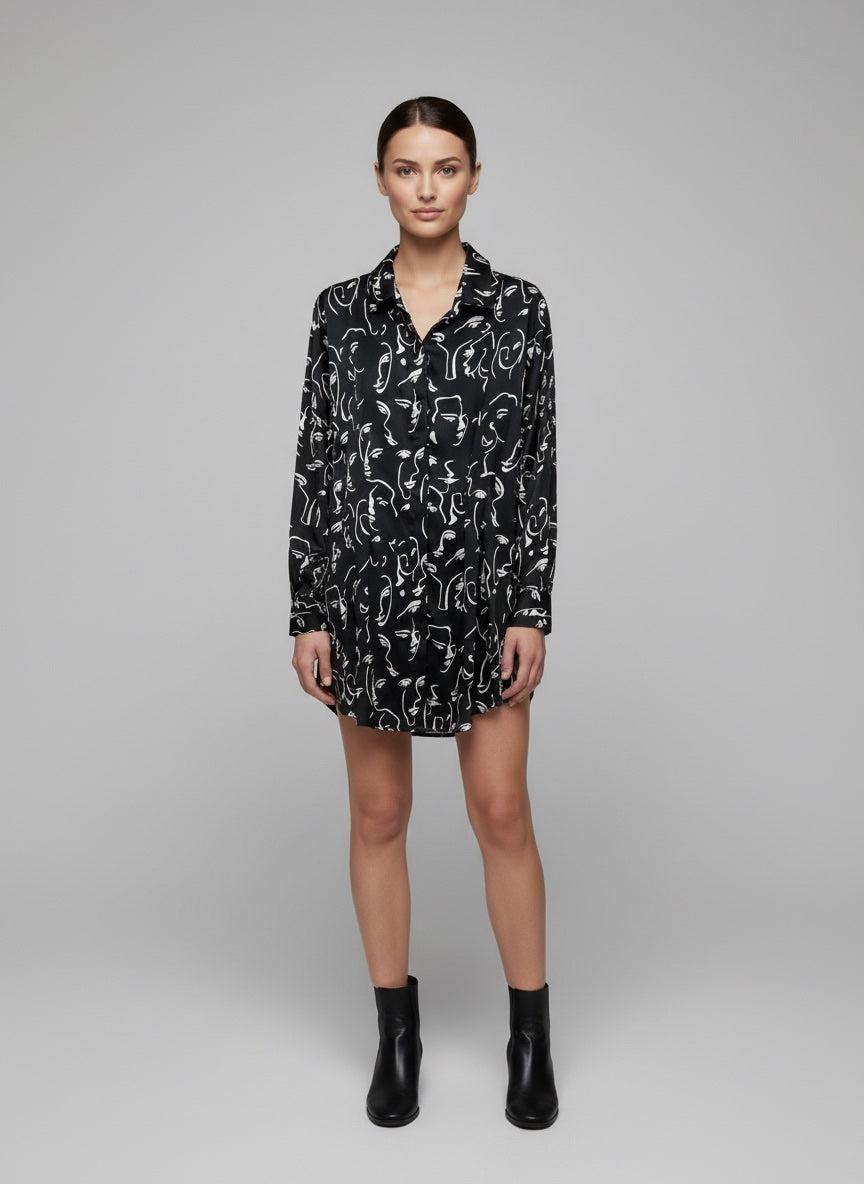 Abstract Face Print Longline Shirt
