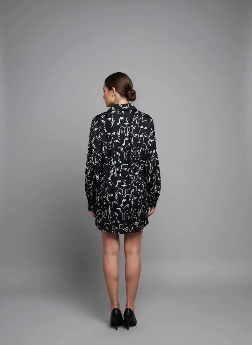 Abstract Face Print Longline Shirt