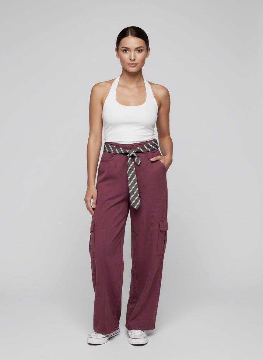 Belted Wide Leg Cargo Trousers