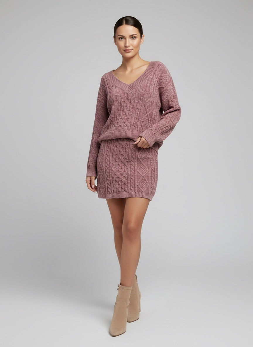 Cable Knit V-Neck Co-Ord Set