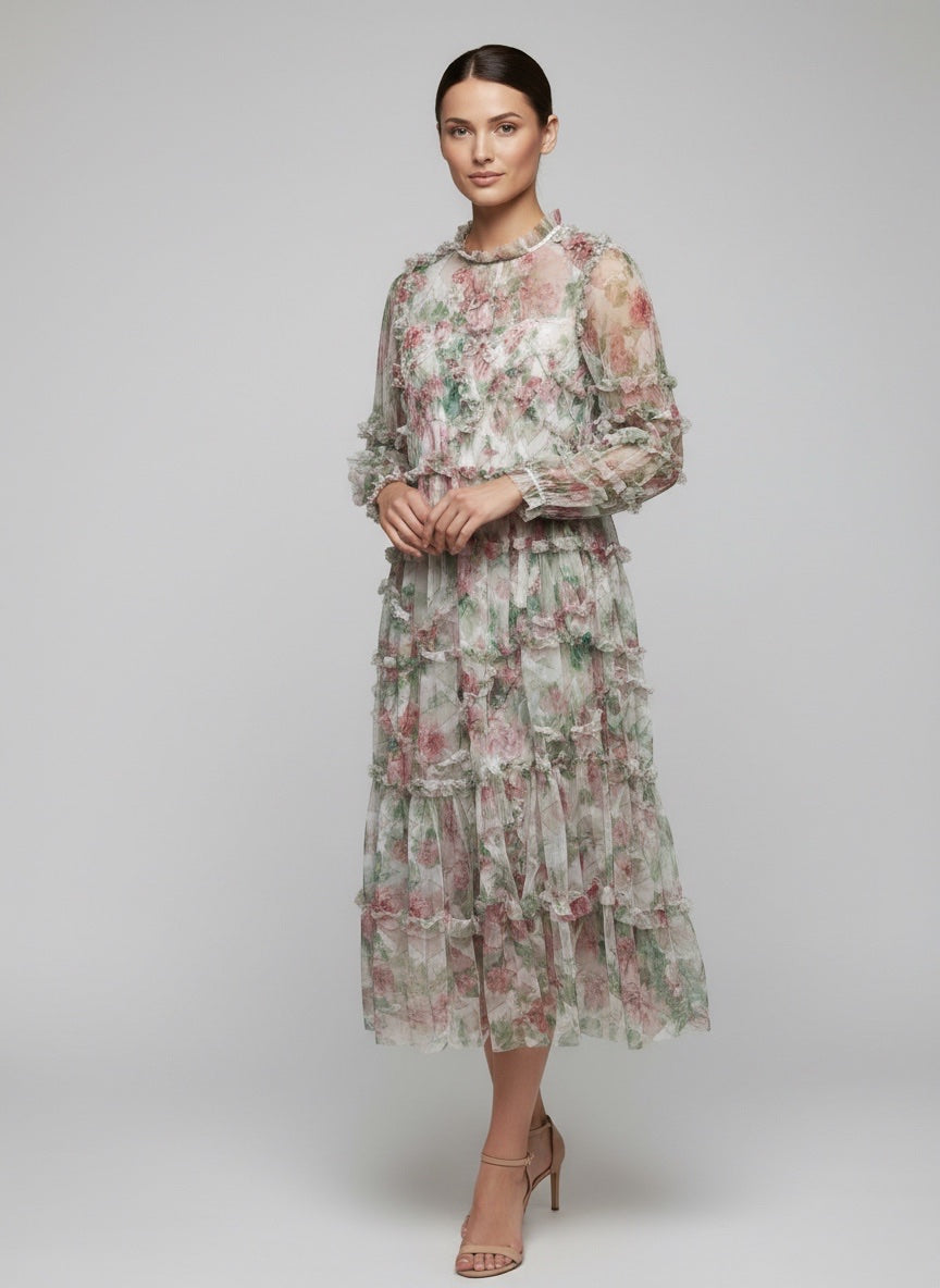 Tiered Ruffle Floral Midi Dress