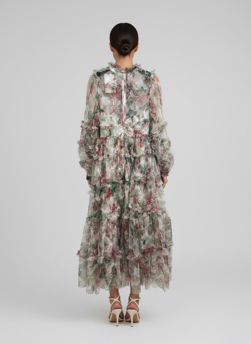 Tiered Ruffle Floral Midi Dress