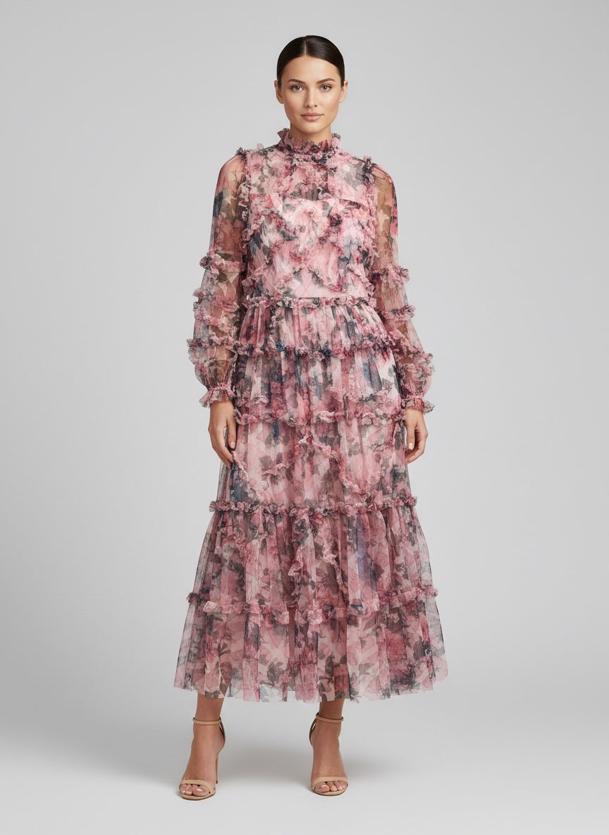 Tiered Ruffle Floral Midi Dress