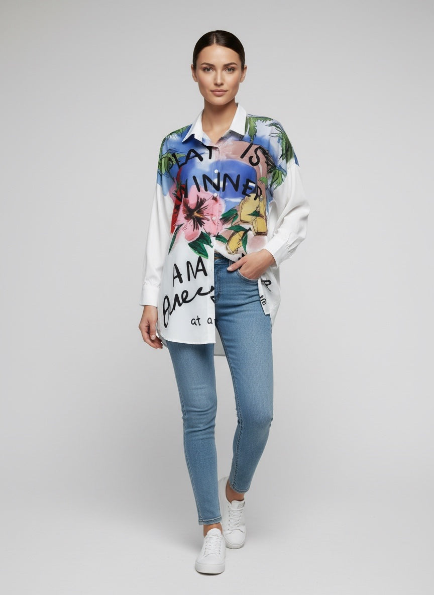 Vibrant Floral & Quote Button-Up Shirt