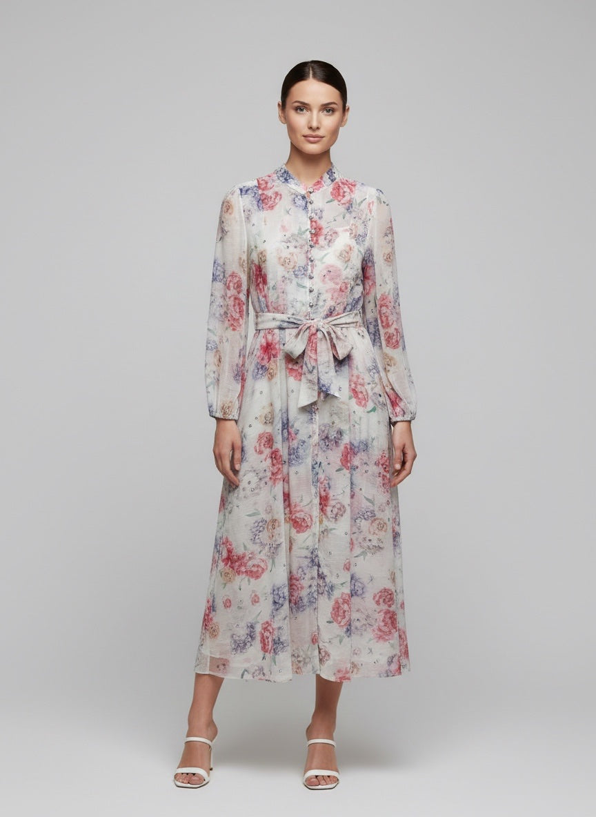 Floral Chiffon Button-Front Midi Dress