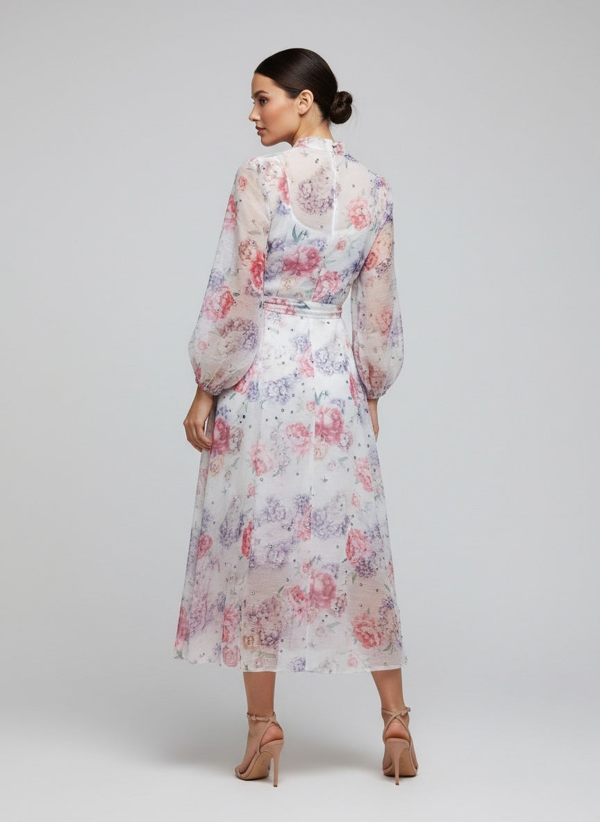 Floral Chiffon Button-Front Midi Dress