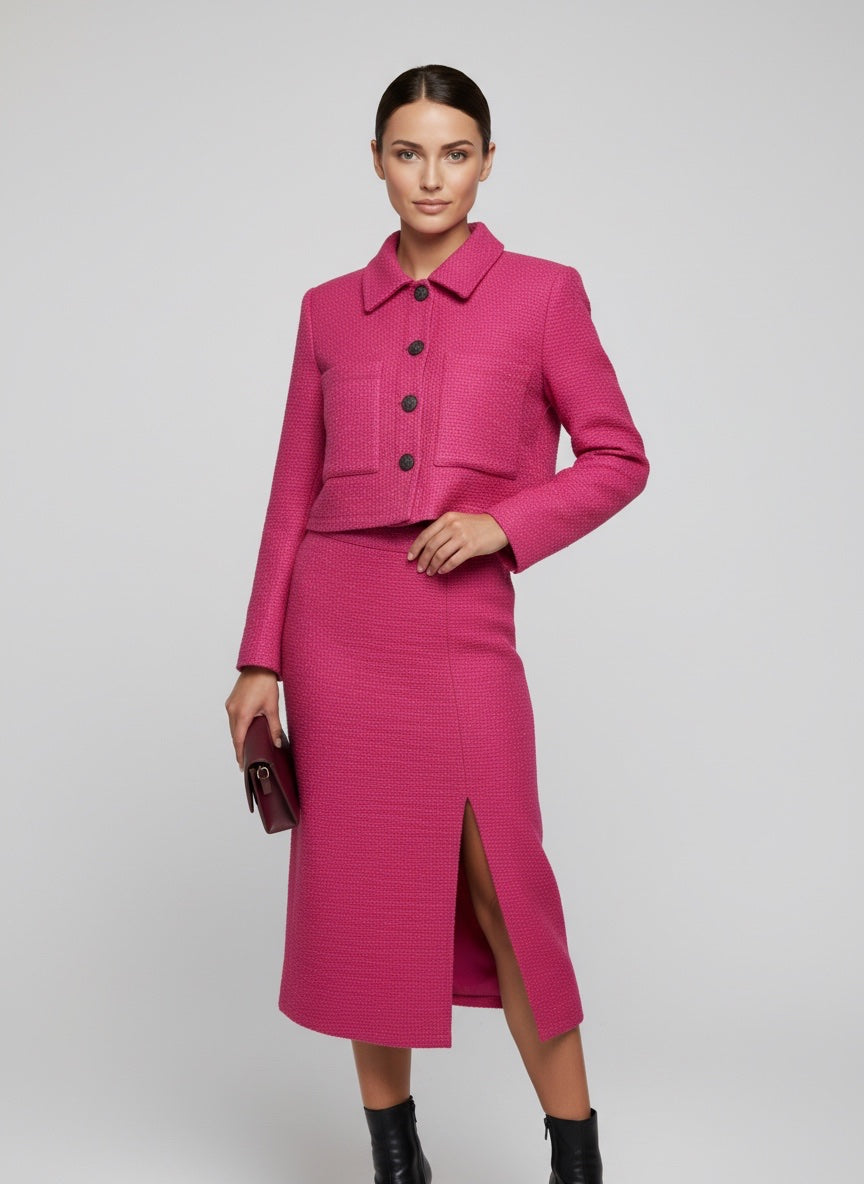 Textured Cropped Jacket & Midi Skirt Co-Ord