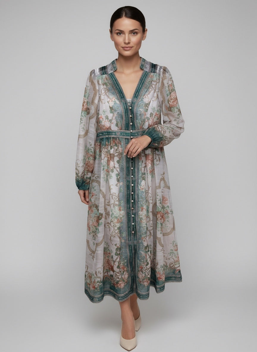 Baroque Floral Button-Front Midi Dress