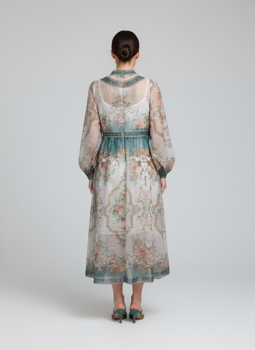 Baroque Floral Button-Front Midi Dress