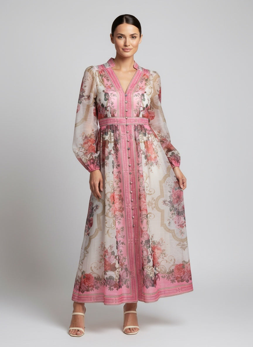 Baroque Floral Button-Front Midi Dress