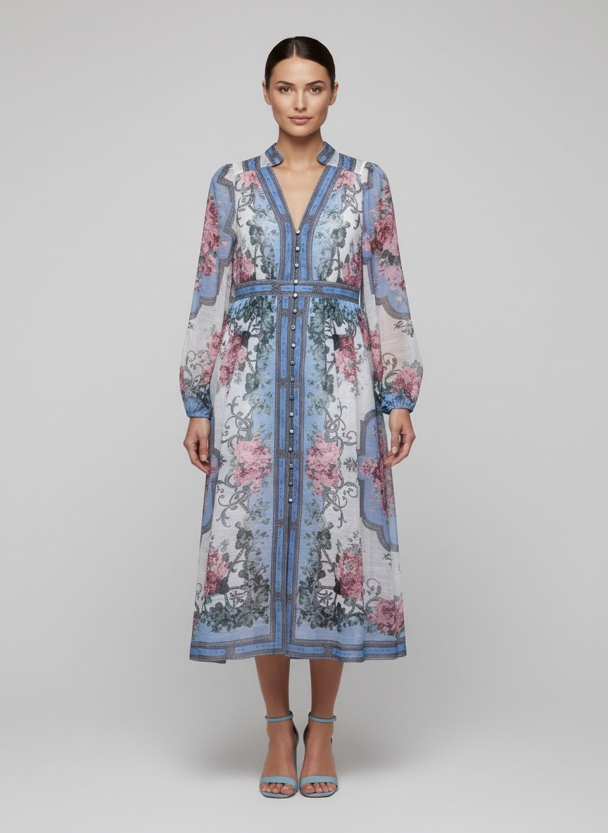 Baroque Floral Button-Front Midi Dress