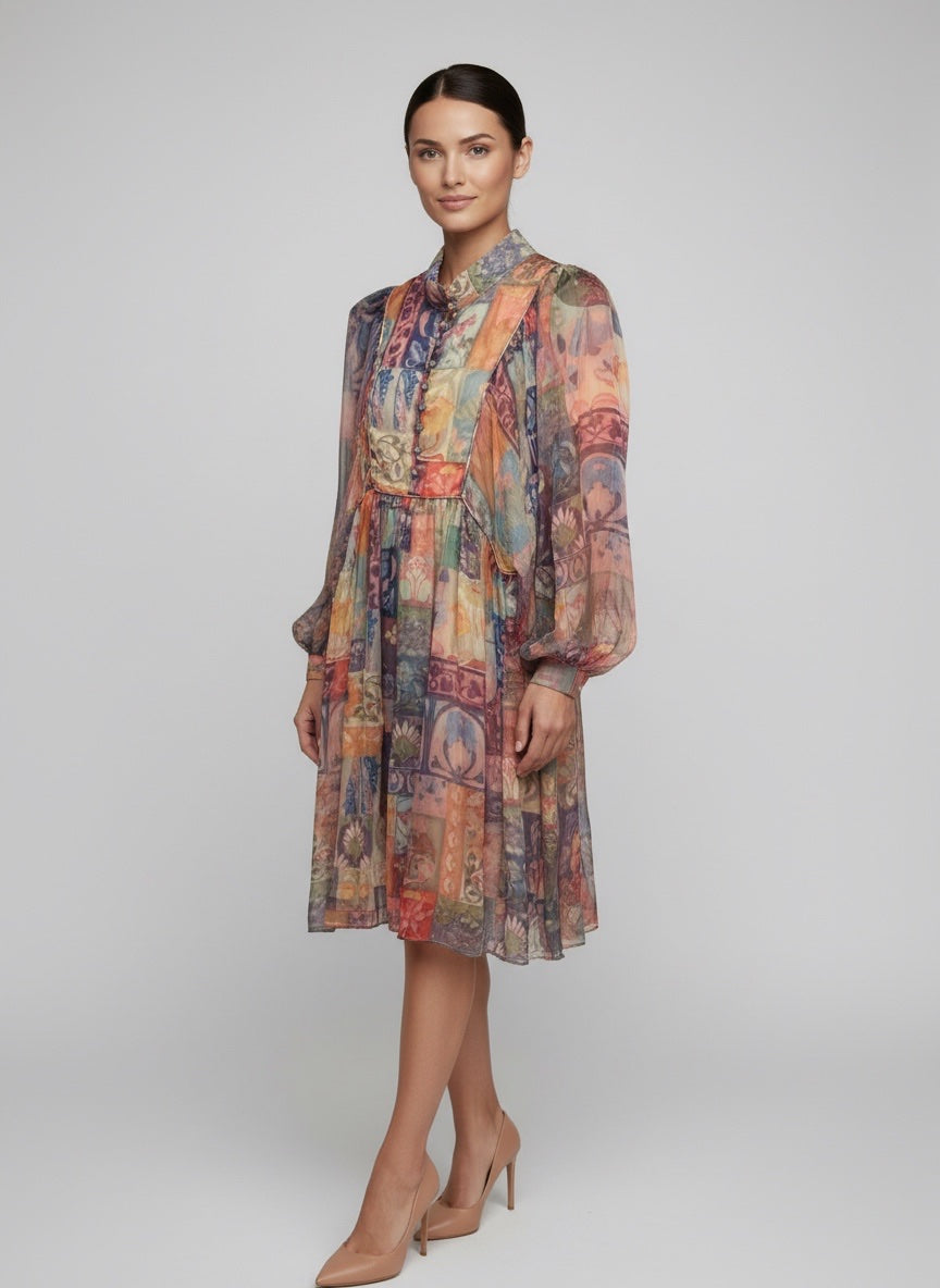 Patchwork Chiffon Tiered Knee-Length Dress