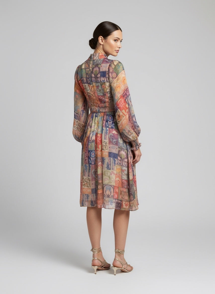 Patchwork Chiffon Tiered Knee-Length Dress