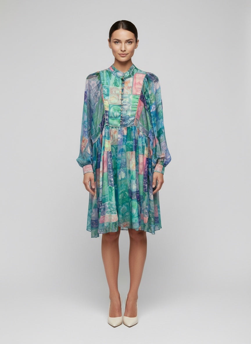 Patchwork Chiffon Tiered Knee-Length Dress