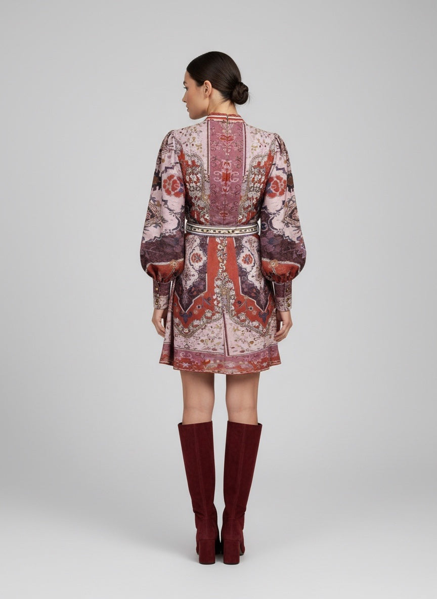 Boho Chic Paisley Print Belted Mini Shirtdress