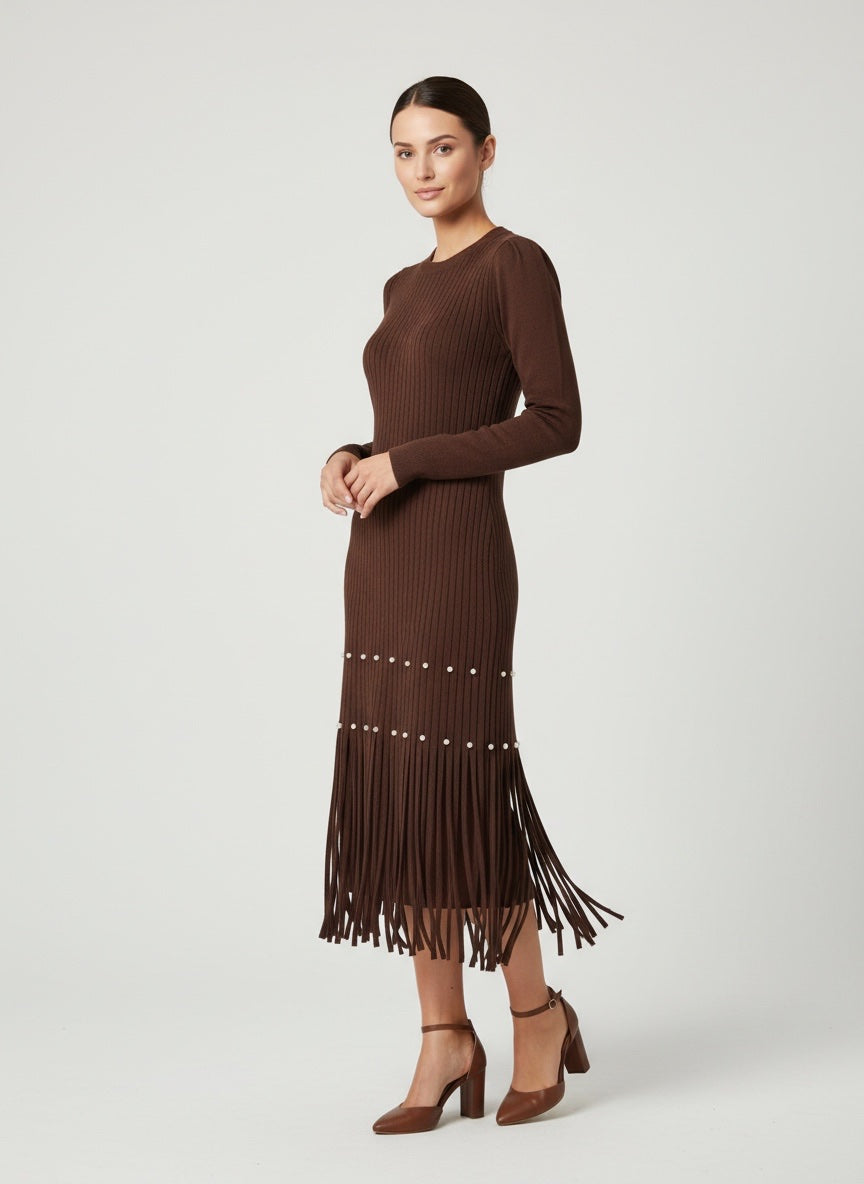 Pearl-Embellished Ribbed Knit Midi Dress
