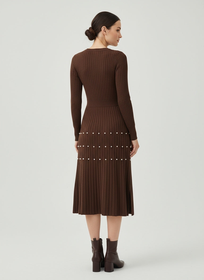 Pearl-Embellished Ribbed Knit Midi Dress