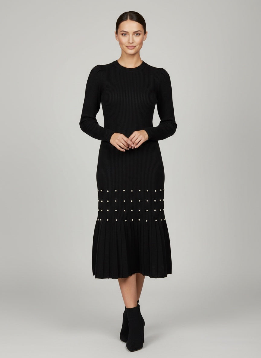 Pearl-Embellished Ribbed Knit Midi Dress