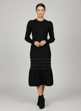 Pearl-Embellished Ribbed Knit Midi Dress