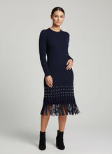 Pearl-Embellished Ribbed Knit Midi Dress