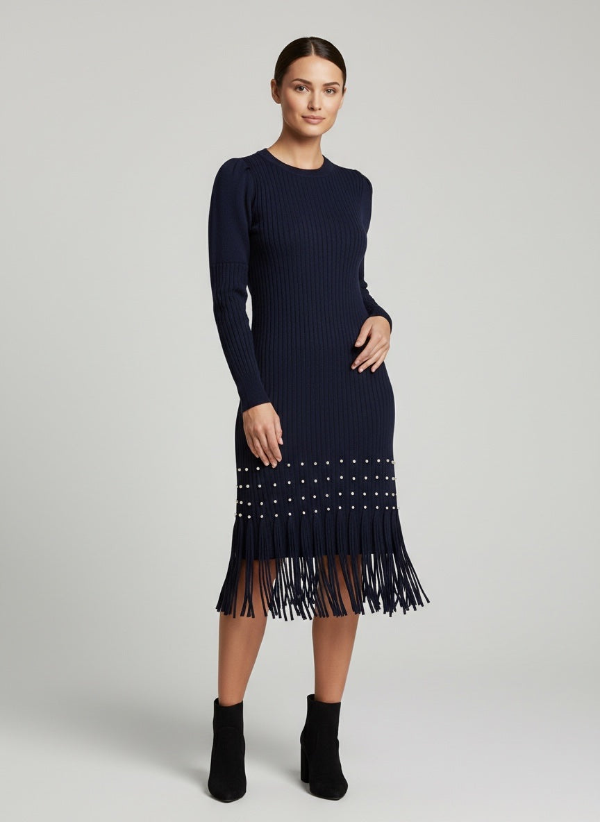 Pearl-Embellished Ribbed Knit Midi Dress
